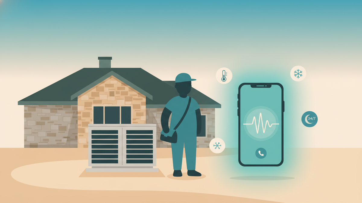 A Texas Hill Country home with an HVAC technician at the AC unit, a phone glowing in the foreground with a thermostat, snowflake, and clock icon floating around it