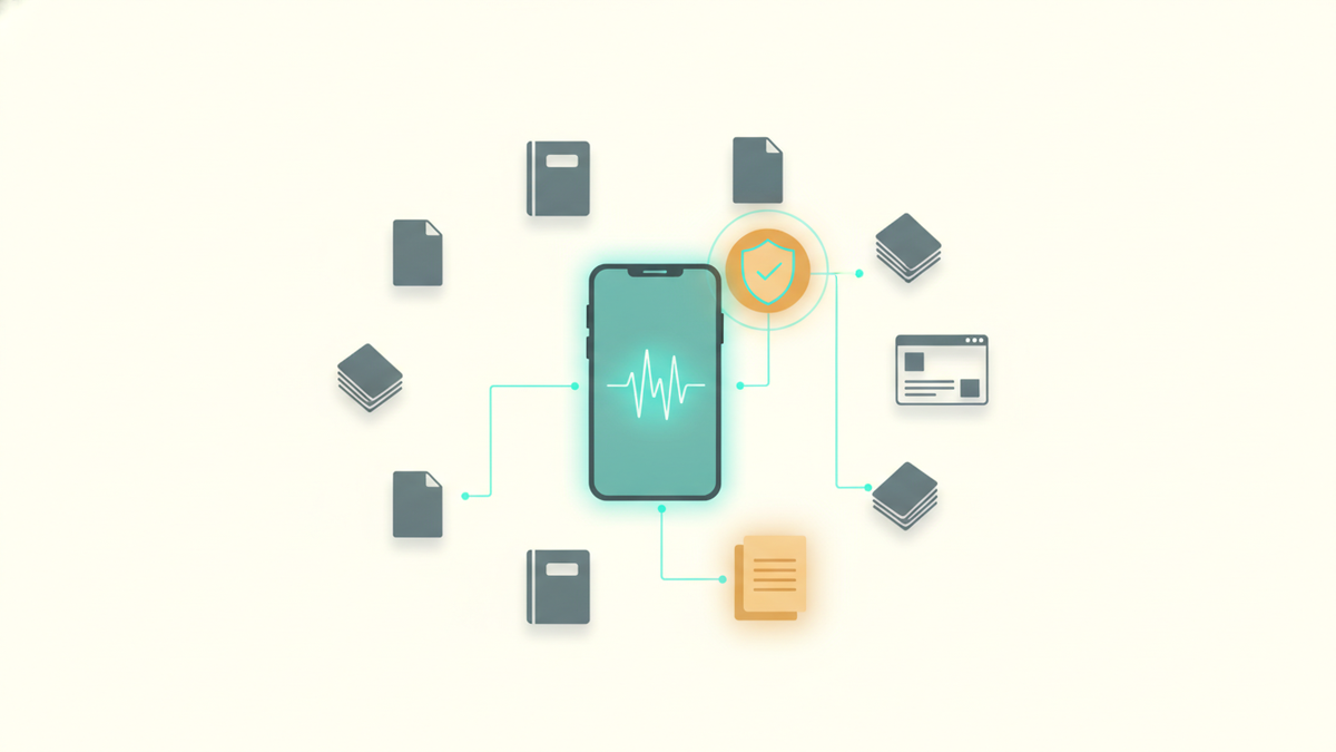 A teal phone waveform connected to approved document and website sources